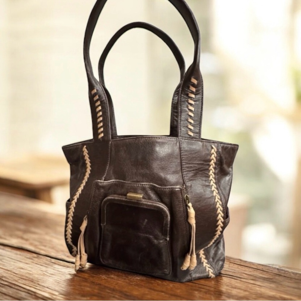 Camila Alves Chic Dark Brown Leather Tote with tan Braided Accents